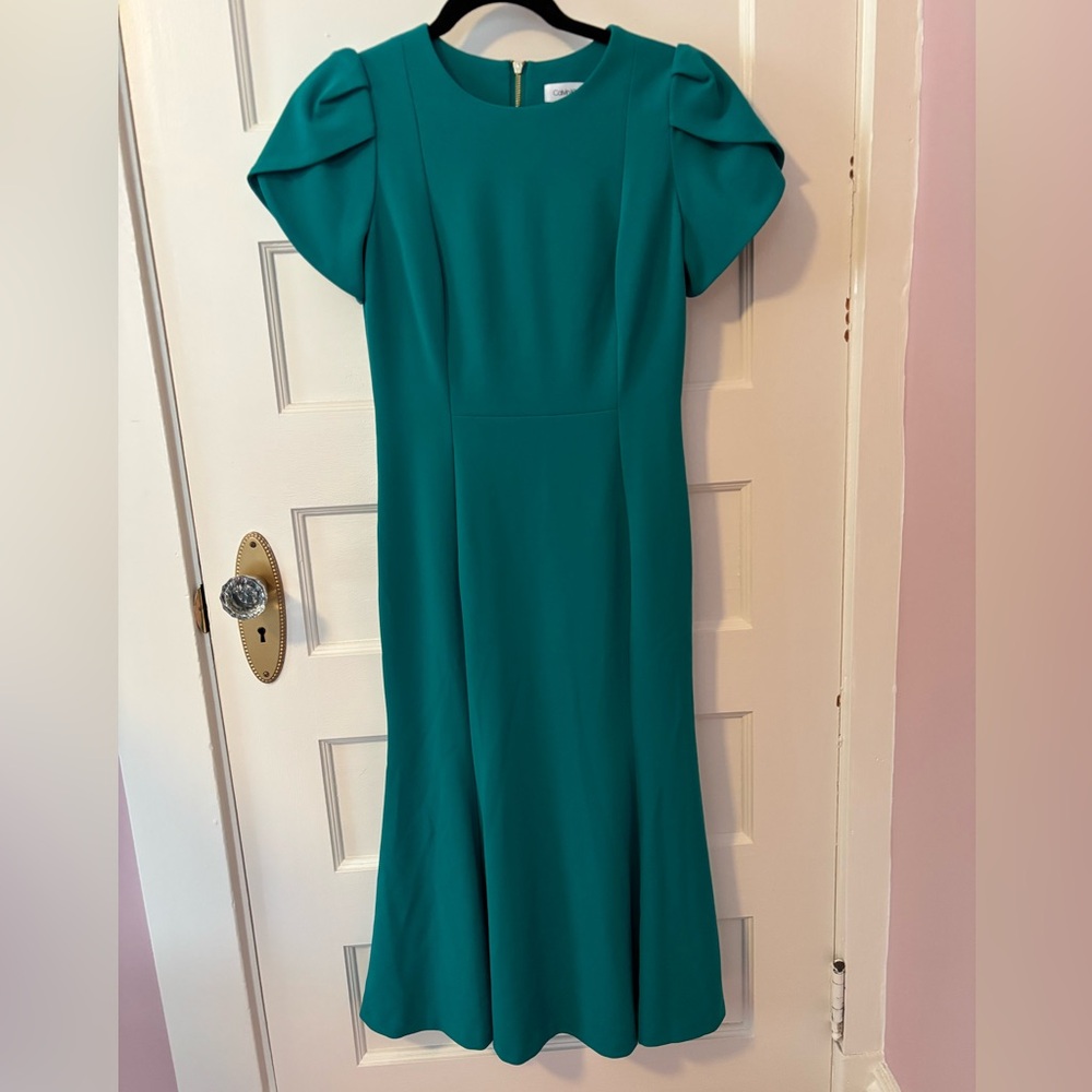 Calvin Klein Tulip-Sleeve Teal Midi Dress NWT Size 4